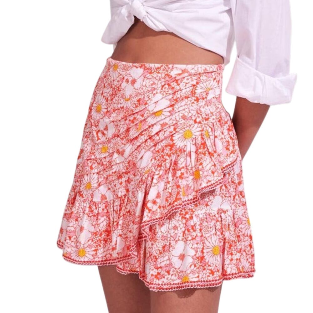 Poupette St Barth Mabelle Orange Floral Ruffle Mini Skirt Size Small Resort $210